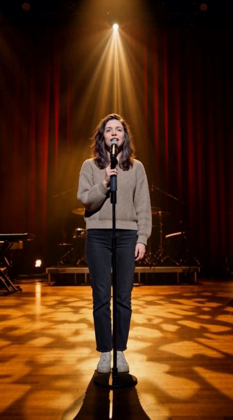 Frame from the Kate singing on a stage, render 1 of 3 clip