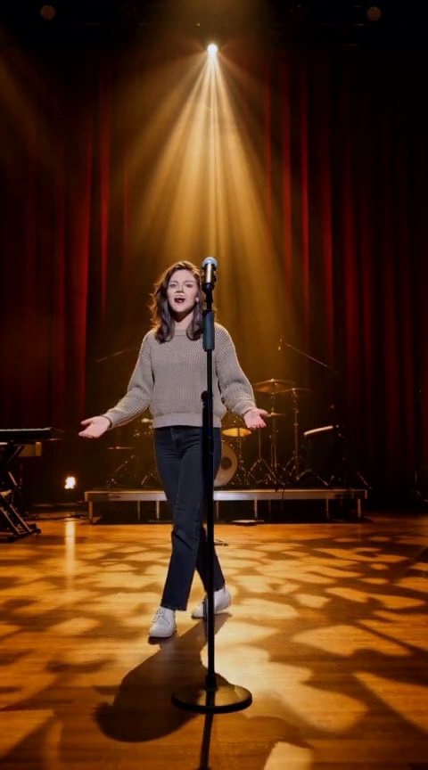 Frame from the Kate singing on a stage, render 2 of 3 clip