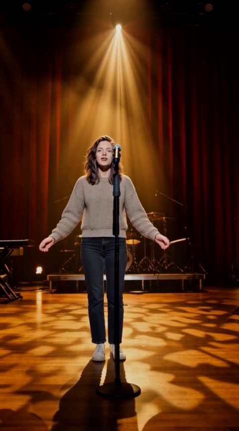 Frame from the Kate singing on a stage, render 3 of 3 clip