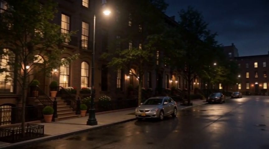 Frame from the A quiet residential street at night, streetlights, damp pavement… clip