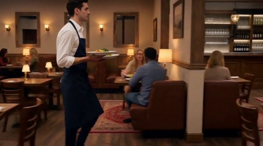 Frame from the A slow lateral tracking pan through another part of the dining room,… clip