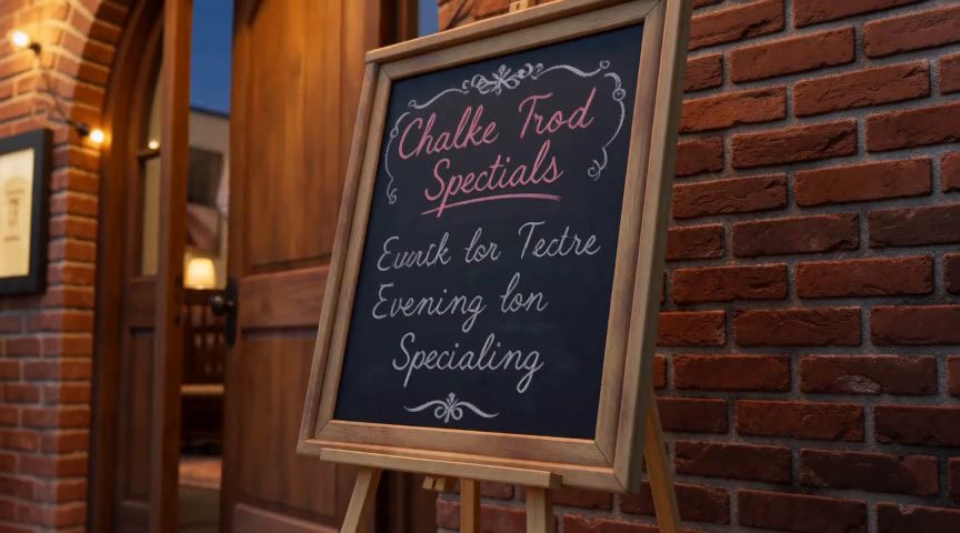 Frame from the Chalkboard sign by the door, evening specials chalked on it clip