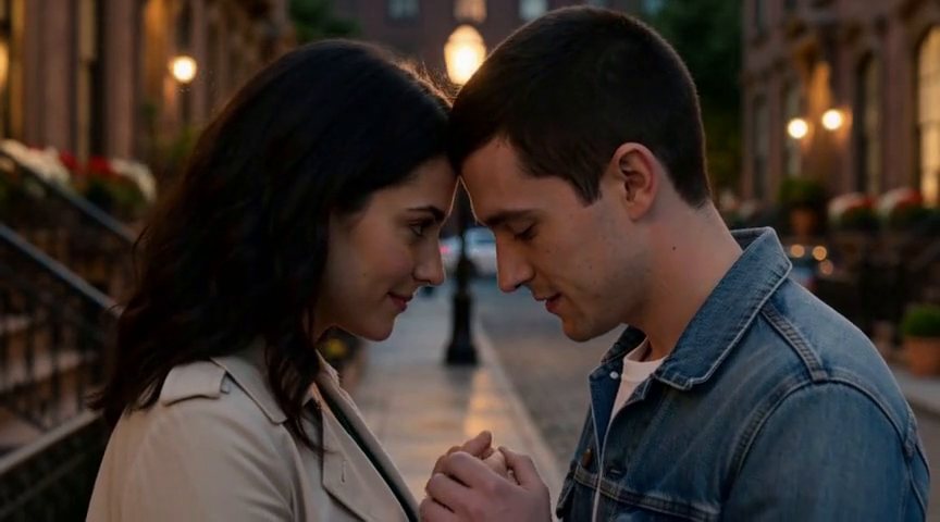 Frame from the Close on their faces, foreheads nearly touching, a quiet tender beat clip