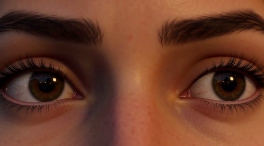 Frame from the ECU on Mia's eyes, glancing nervously toward the bistro clip