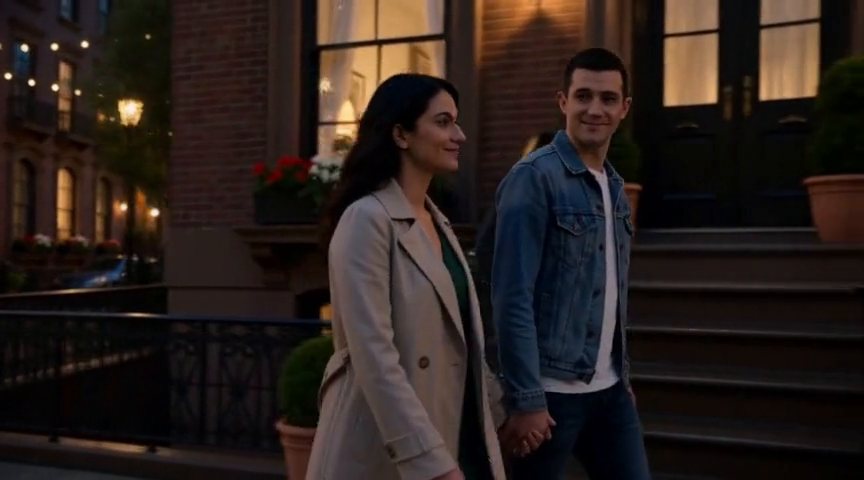 Frame from the Mia and Theo walk side by side, hands now intertwined, continuing the… clip