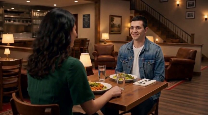 Frame from the Over Mia's shoulder toward Theo, listening, smiling clip