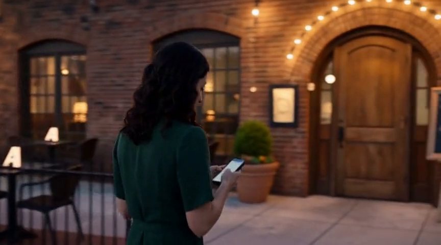 Frame from the Reveal: Mia walks up the sidewalk toward the entrance, glancing at her… clip