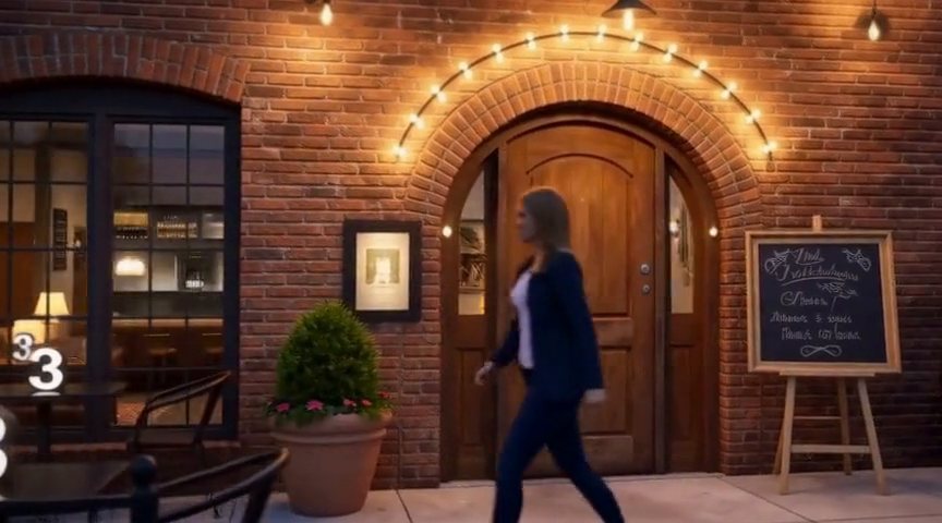 Frame from the String lights over the bistro doorway glowing on against the dusk sky clip