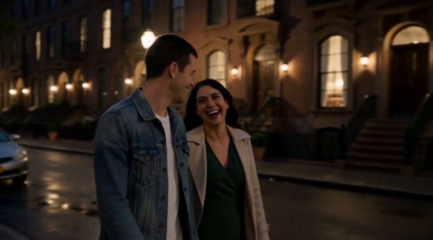 Frame from the The two laughing together about something, still walking clip