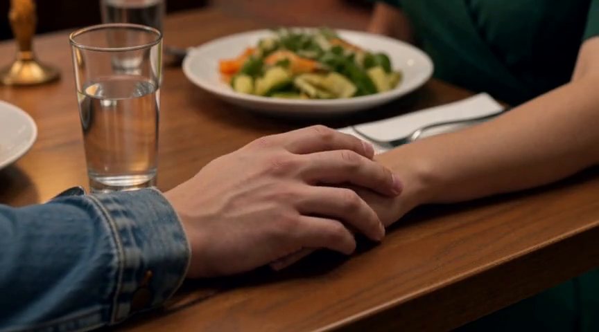 Frame from the Theo's hand closes over Mia's on the table, fingers loosely interlacing clip