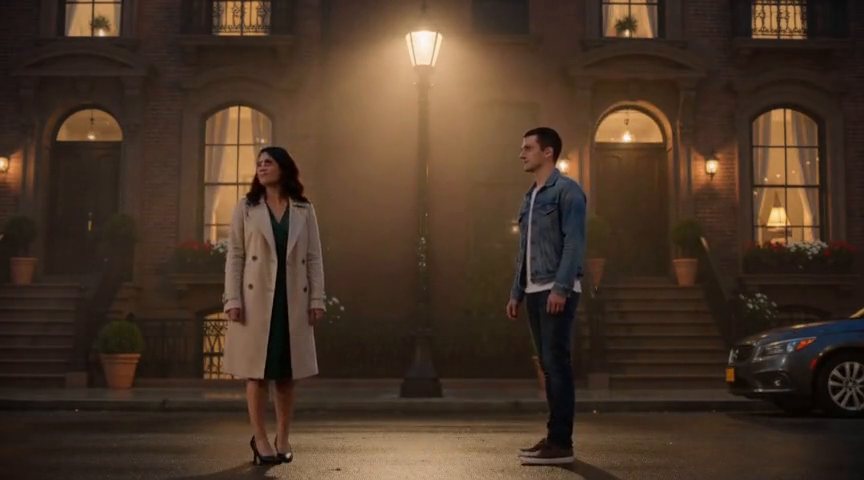Frame from the They pause under a streetlight and turn to face each other clip