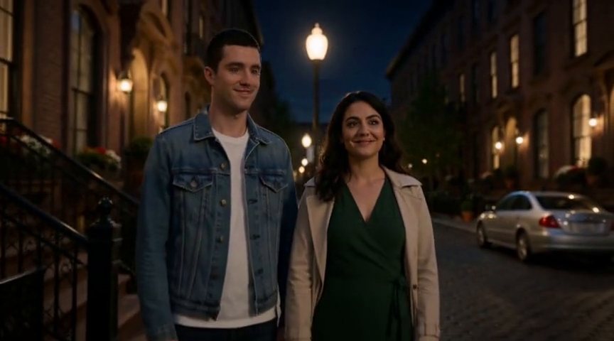 Frame from the Wide pull-out: the couple standing together under the streetlight as… clip