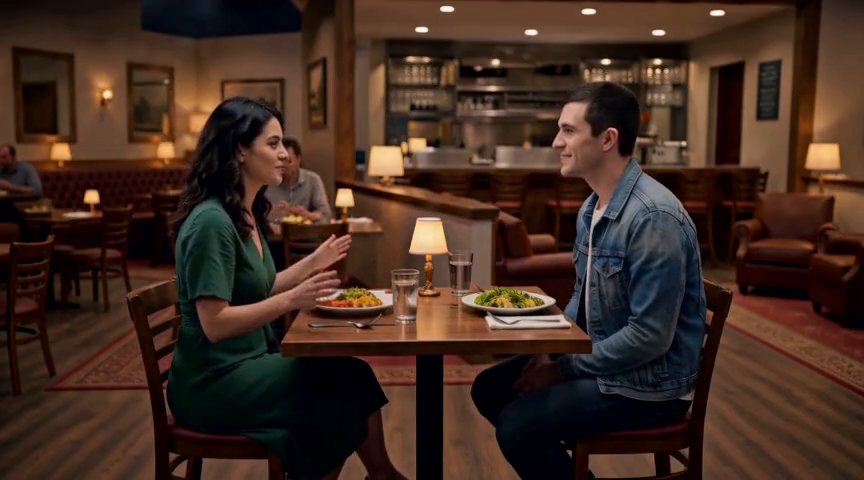 Frame from the Wide two-shot at the table: Mia mid-story, animated clip