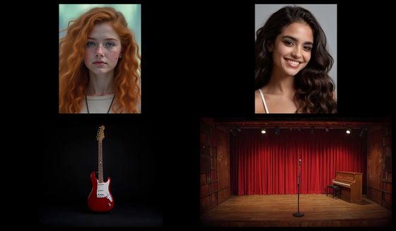 Two-face sheet, Two face crops, a guitar and a jazz club, 2×2 on black